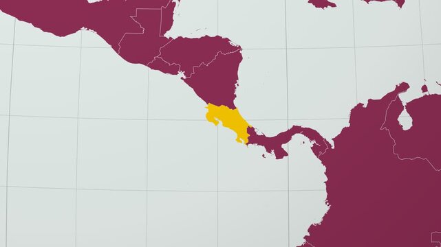 Costa Rica map. Animated zoom into the country on the Globe in Pale Mint Dark Pink color palette. Country logo animation with round text and airplanes. Map with meridians, parallels. Artistic video.