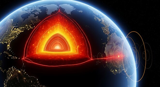 Cross-section of planet Earth revealing its inner core, mantle, and crust, with glowing heat radiating outwards