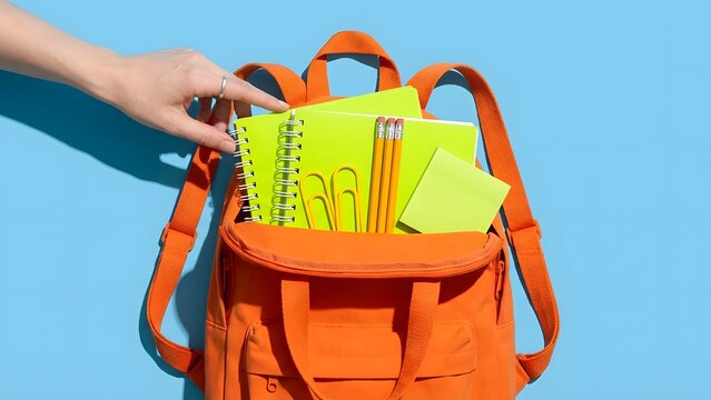 Hand reaching into an orange backpack filled with bright yellow school supplies against a vibrant blue background.