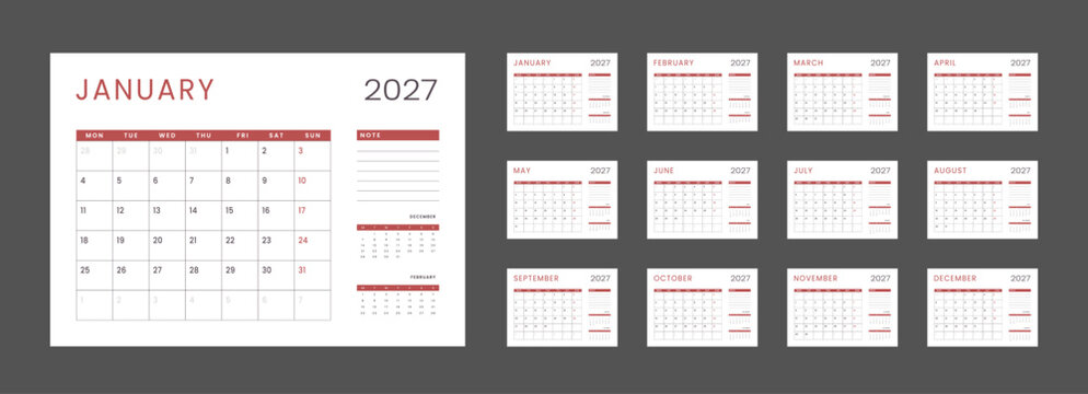 Set 12 Pages Monthly Calendar Planner Templates 2027 year with note. Vector mockup of wall, desktop calendar organizer grid ready print. Week starting on Monday. Page schedule size A4 - 21x29.7 cm