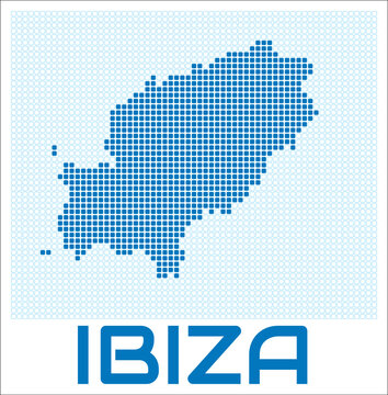 Ibiza digital style map with blue rounded rectangle dots. Spain. Dotted shape of the island. Ibiza blue colored map and title on white background. Amazing Vector Illustration.