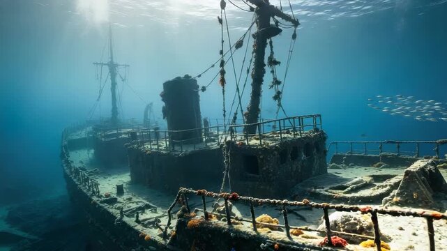 Sunken Ship Underwater Showcasing Weathered Hull Covered In Coral Marine Life School Of Fish In The Background For Ocean Exploration Environmental Themes