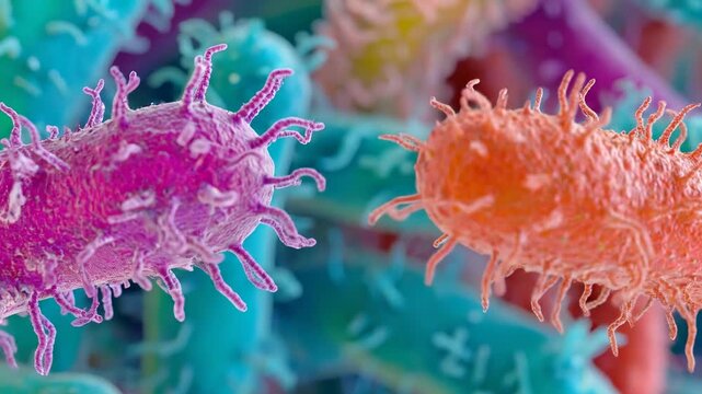 Colorful bacteria under a scanning electron microscope. 3D render of rod-shaped microbes, pathogens and microorganisms in a microscopic macro view