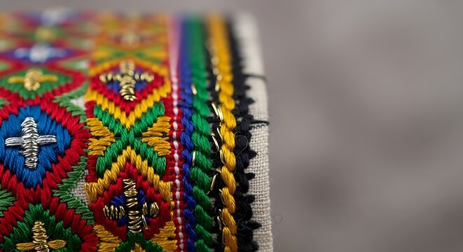 Close-up of vibrant, intricate embroidery with metallic gold and silver thread accents