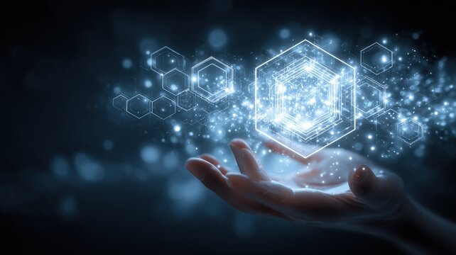 Abstract Technology Connection: Hand Presenting Futuristic Hexagonal Network for Innovation and Digital Transformation on Dark Background