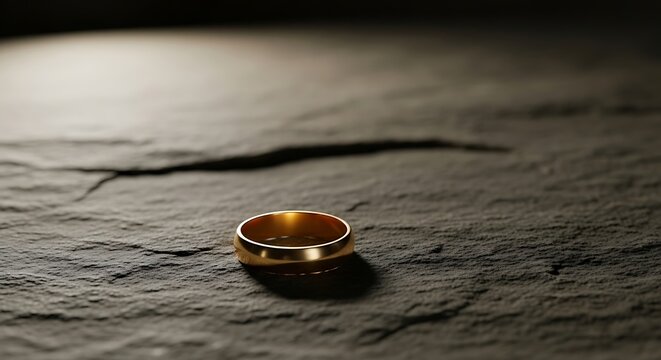A single gold wedding ring rests on a dark, textured stone surface