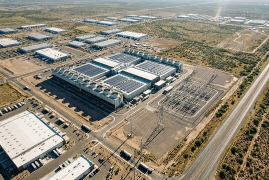 Aerial View of Industrial Park with Large Data Center and Converging Power Lines on a Clear Day