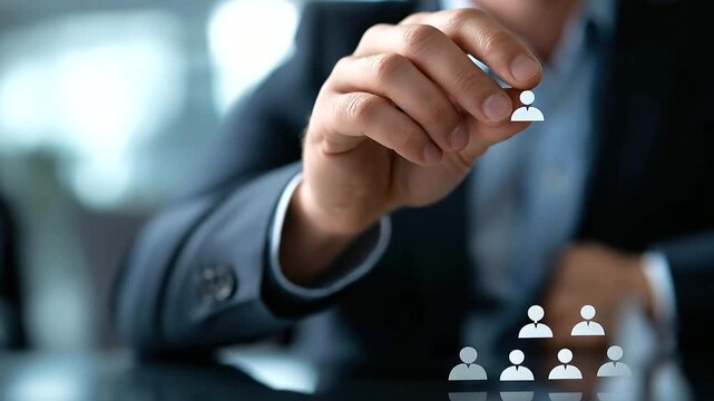 Strategic talent placement concept, faceless hand positioning team members, organizational structure building, leadership foundation development, human resources management,