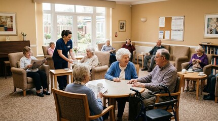 Fototapeta premium Elderly people socializing with caregiver in a warm community lounge 