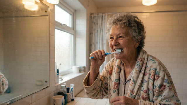 Elderly woman smiling while brushing teeth in bathroom at morning  