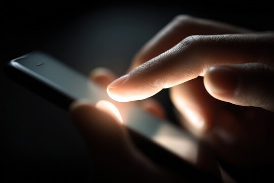 Close-up of finger using a smartphone screen in dark mode for communication and technology concepts