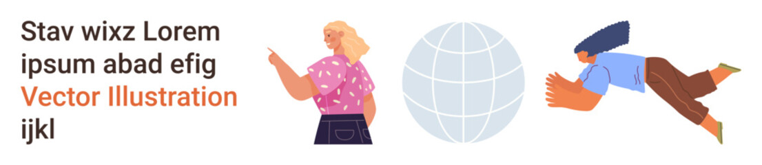 Obraz premium Global communication, teamwork, collaboration, international connection, networking, diversity. Illustrated figures interacting with a globe icon. Global communication and teamwork are the focus
