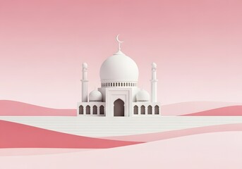 Fototapeta premium White mosque with crescent moon on pink dunes background