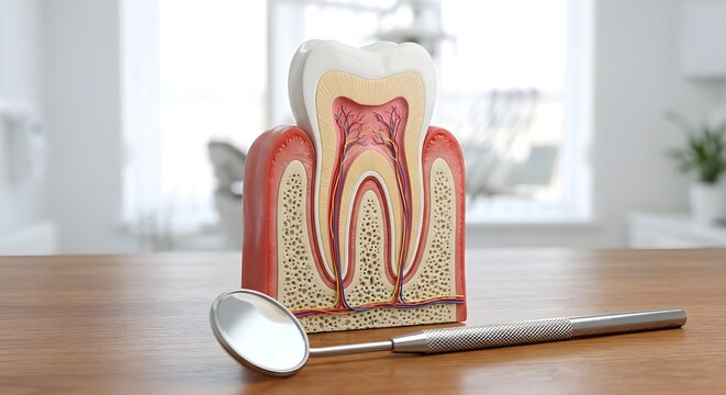 歯の解剖模型と歯科器具写真