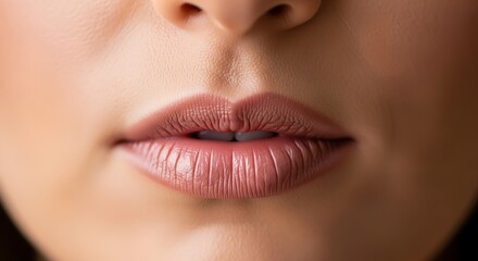 Naklejka premium Close-up macro shot of a woman's full lips with subtle pink lipstick and natural texture