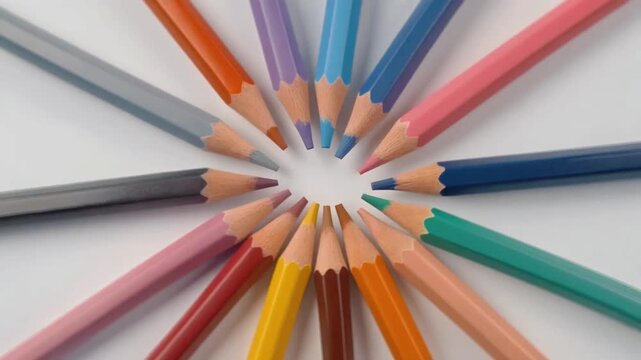 Close-up view of sharpened colored pencils arranged in circular formation showcasing wide spectrum of vibrant colors and detailed wooden texture