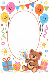 Fototapeta premium A cartoon teddy bear holding fireworks, surrounded by colorful balloons, gifts, and confetti, in a whimsical illustration style with a white background.