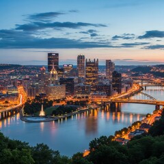 Fototapeta premium Pittsburgh Pennsylvania skyline at dusk with river reflections.