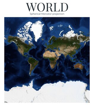 World Map in Spherical Mercator projection. High-detail physical map of Earth. June View. Elements of this image furnished by NASA.