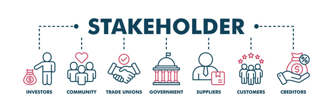 Stakeholder relationship banner web color vector illustration concept for stakeholder, investor, government, and creditors with icon of community, trade unions, suppliers, and customers