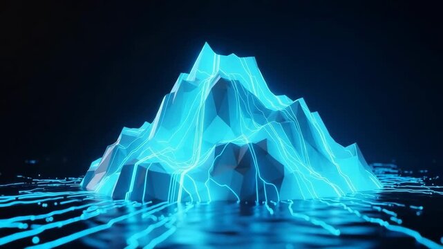 Digital 3d Mountain Landscape Glows With Blue Neon Light In The Dark With Simulated Water Lines For Tech Data Design Concepts