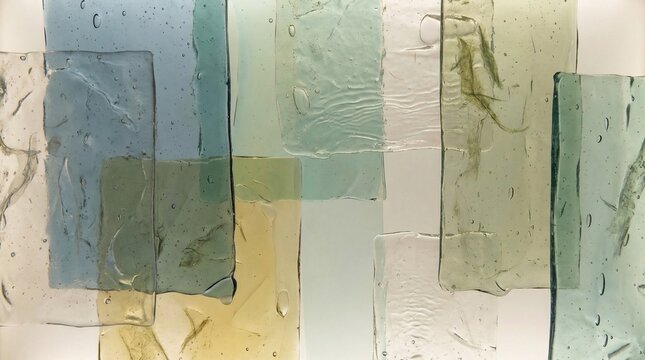 Abstract arrangement of textured translucent glass slabs in muted tones