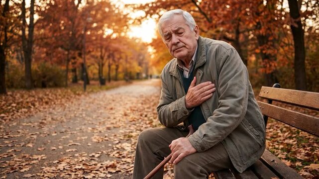 Senior Man Experiencing Acute Chest Pain, Possible Heart Attack, While Sitting on a Park Bench in Autumn