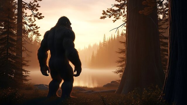 Mysterious Bigfoot Walking in Forest at Dawn.
