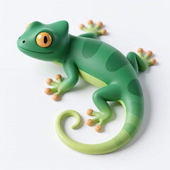 Fototapeta premium Cartoon-style green lizard with yellow eyes and curled tail, symbolizing good luck and prosperity in many cultures, on a white background.