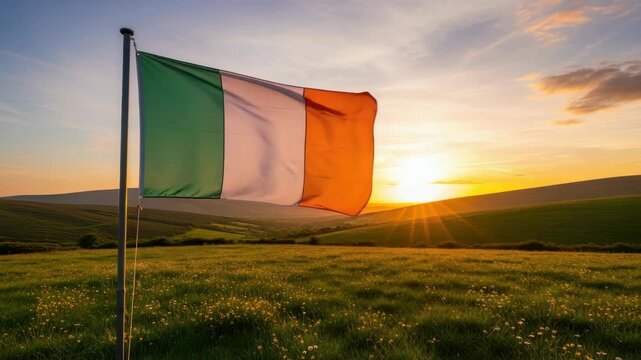 Irish Flag Blowing In The Wind In Field At Sunset With Sky Rolling Hills In The Background Travel Advertisements Celebrating St Patricks Day