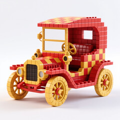 Naklejka premium A red and yellow vintage car made from building blocks, with a checkered roof, on a plain white background, in a playful, toy design style.