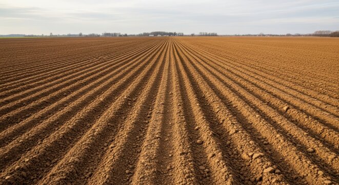 Plowed field landscape with furrows under a cloudy sky.