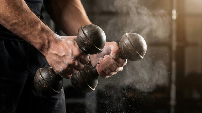Close-up of a man's hands holding heavy dumbbells with chalk dust flying