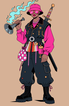 Fantasy Adventurer Character in Magenta and Pink Outfit