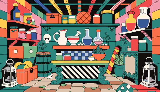 Pixel Art Fantasy Workshop Interior with Tools