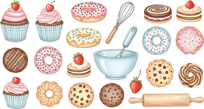 Vector Illustrated Collection of Baked Goods and Baking Tools