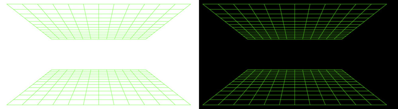 PNG image of&nbsp;Fluorescent green perspective grid lines depict a receding digital tunnel effect on transparent background