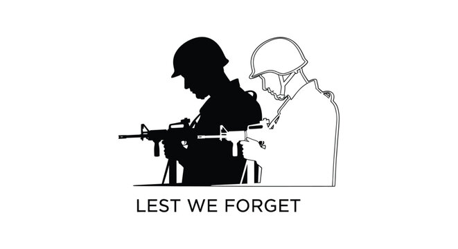 Vector illustration of two soldiers in silhouette with 'LEST WE FORGET' text