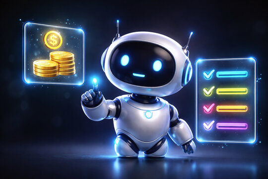 Cute White Robot Interacting with Glowing Financial Dashboard and Checklist: Concept of AI Money Management, Robo-Advisor, Personal Financial Assistant and Task Automation 3D Illustration