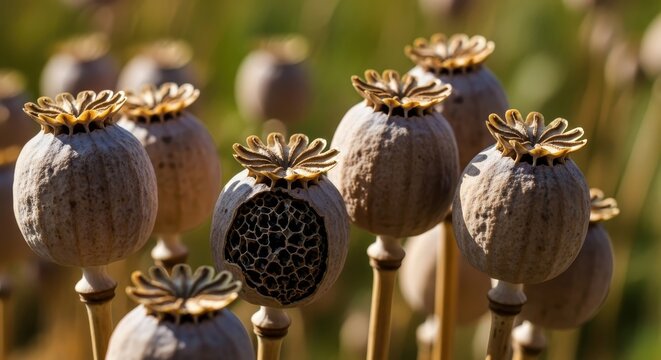 Poppy Seed Heads in Autumn Sunlight - A Close-Up View.
