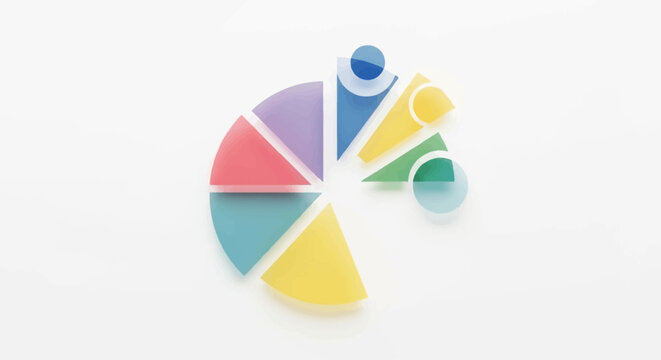 Abstract colorful segmented circle design with floating translucent elements on a white background, representing data visualization or a modern logo.