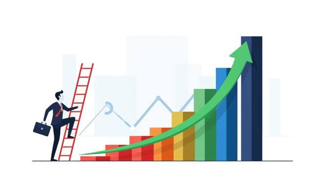 A businessman climbs a ladder towards a rising bar graph representing financial growth and success.