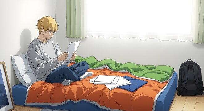 Young man packing clothes in bedroom for travel or relocation with natural light