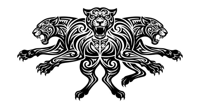 Tribal three-headed feline symmetrical tattoo style illustration.