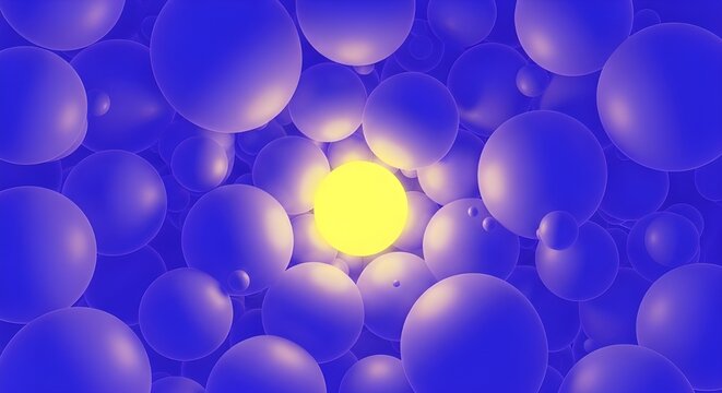 3d rendering of glowing blue spheres with central yellow light source in abstract tunnel