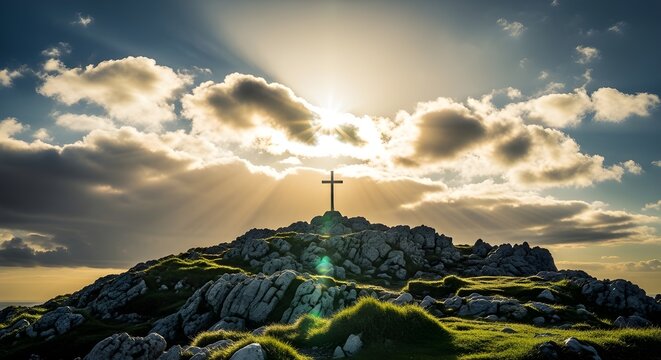 Dramatic mountain cross at sunrise with divine light and clouds