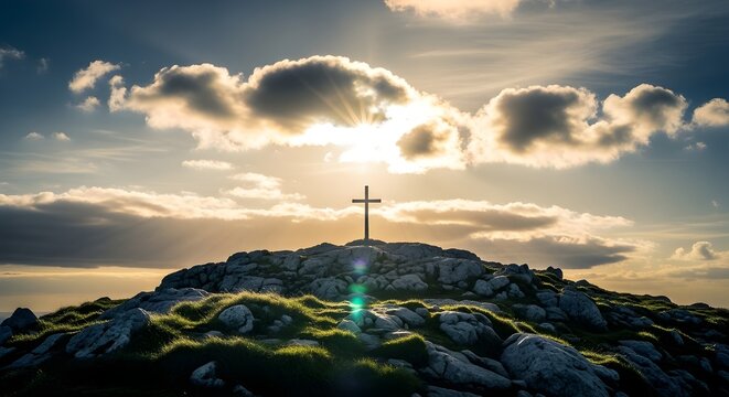 Sunrise over hilltop cross with dramatic clouds and serene landscape