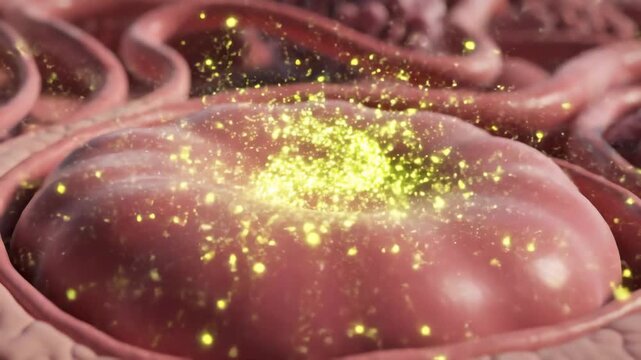 Mild inflammation signaling caused by HFMD virus, chemical messengers glowing softly around infected tissues