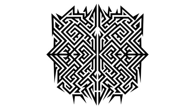 Symmetrical black geometric tribal maze emblem ornamental pattern design.