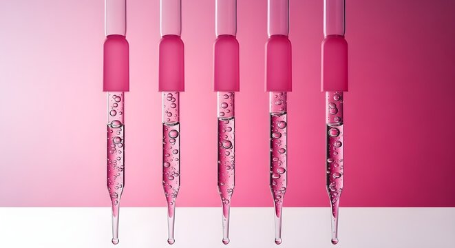 Five pink lipstick tubes standing on white surface against pink background